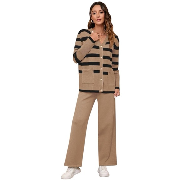 Viottiset Tan & Black Striped Lounge 2 Piece Set XL Button Top & Wide Leg Pants - Picture 4 of 10
